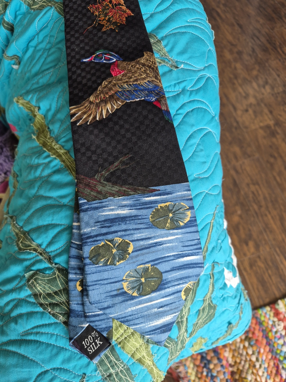 Embroidered Waterfowl Silk Tie with Lily Pad Motif